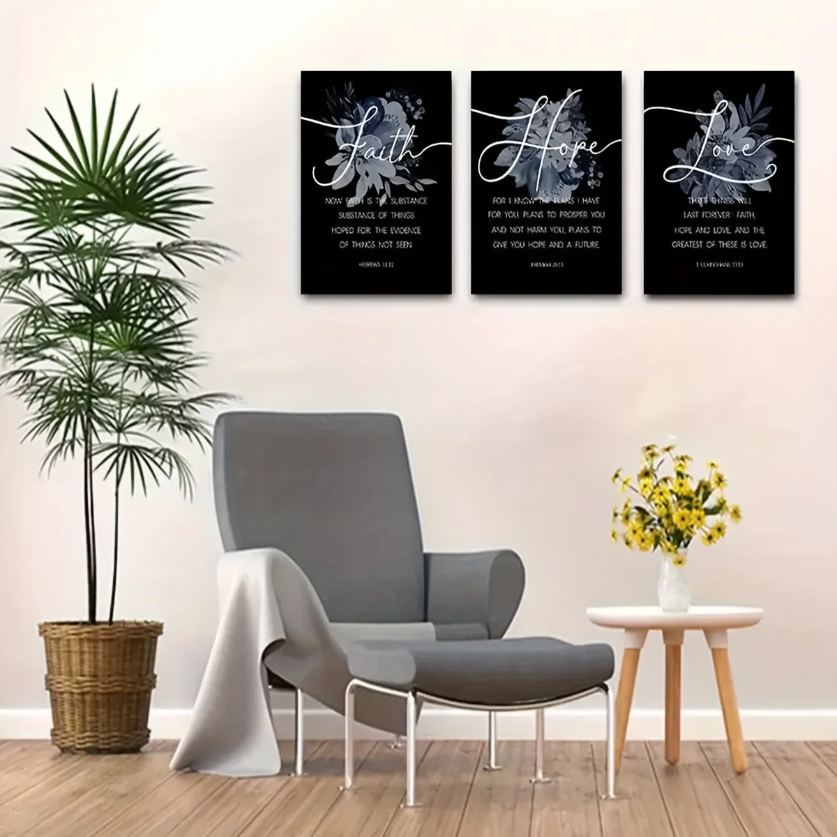 Toile d'art mural avec versets bibliques inspirants, 3 pièces, décor chrétien sans cadre pour salon et chambre à coucher, "croyez, espoir, amour" Scri