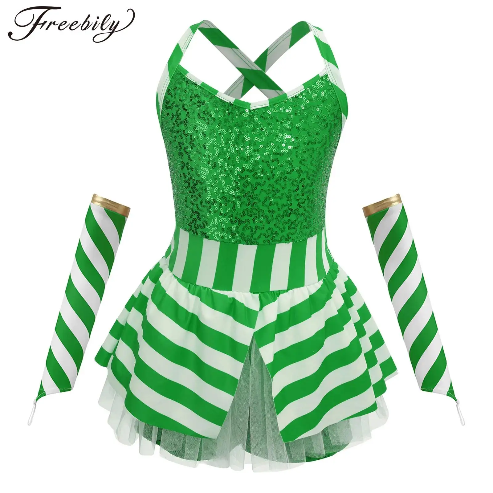 Niñas Navidad bastón de caramelo mono a rayas vestido tutú Navidad Santa elfo Cosplay disfraz Ballet danza patinaje gimnasia ropa