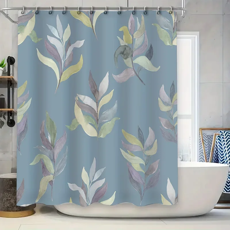 

Занавеска для душа с акварельными листьями, современный декор для ванной комнаты с зеленым дизайном для ванны, синий цветочный узор, водоотталкивающая ткань