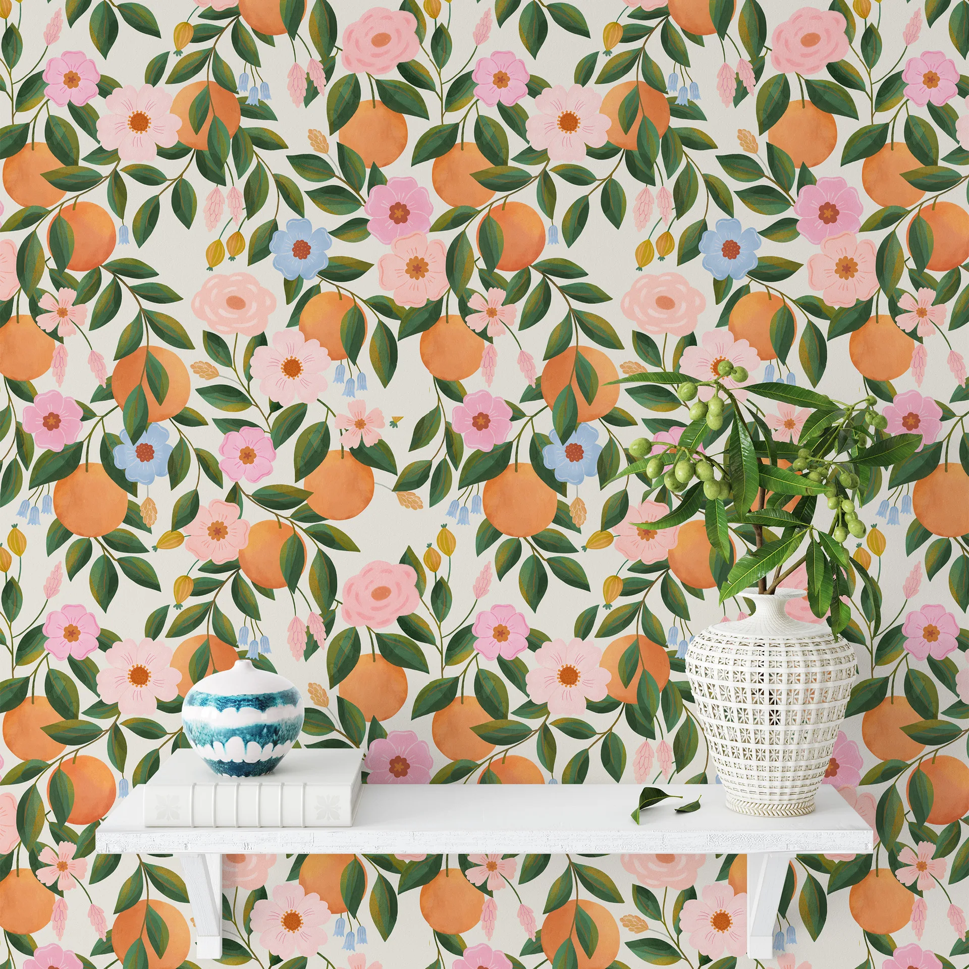Watercolor Floral Peel and Stick Wallpaper Orange Lemon Removable Contact Paper Self Adhesive Wallpaper for Kitchen Bathroom