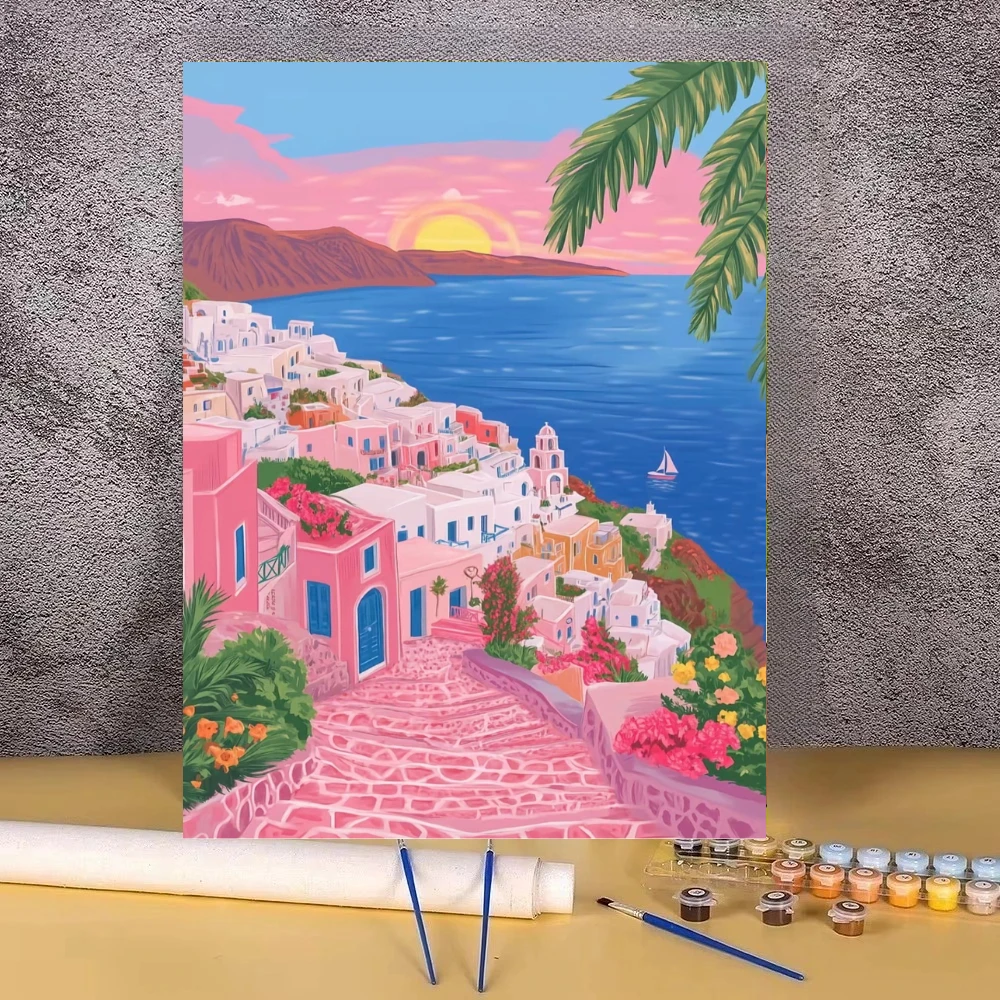 Sunset Mediterranean Sea Houses Scenery Oil Painting By Numbers Wall Decor for Living Room Bedroom Home Decor Gift No Frame