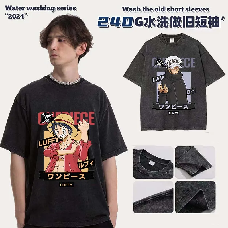ONE PIECE Adult Washed Vintage T-Shirt Anime Luffy Print Crew Neck Tops Mens Summer Casual Breathable Tees Fashion Clothing Gift