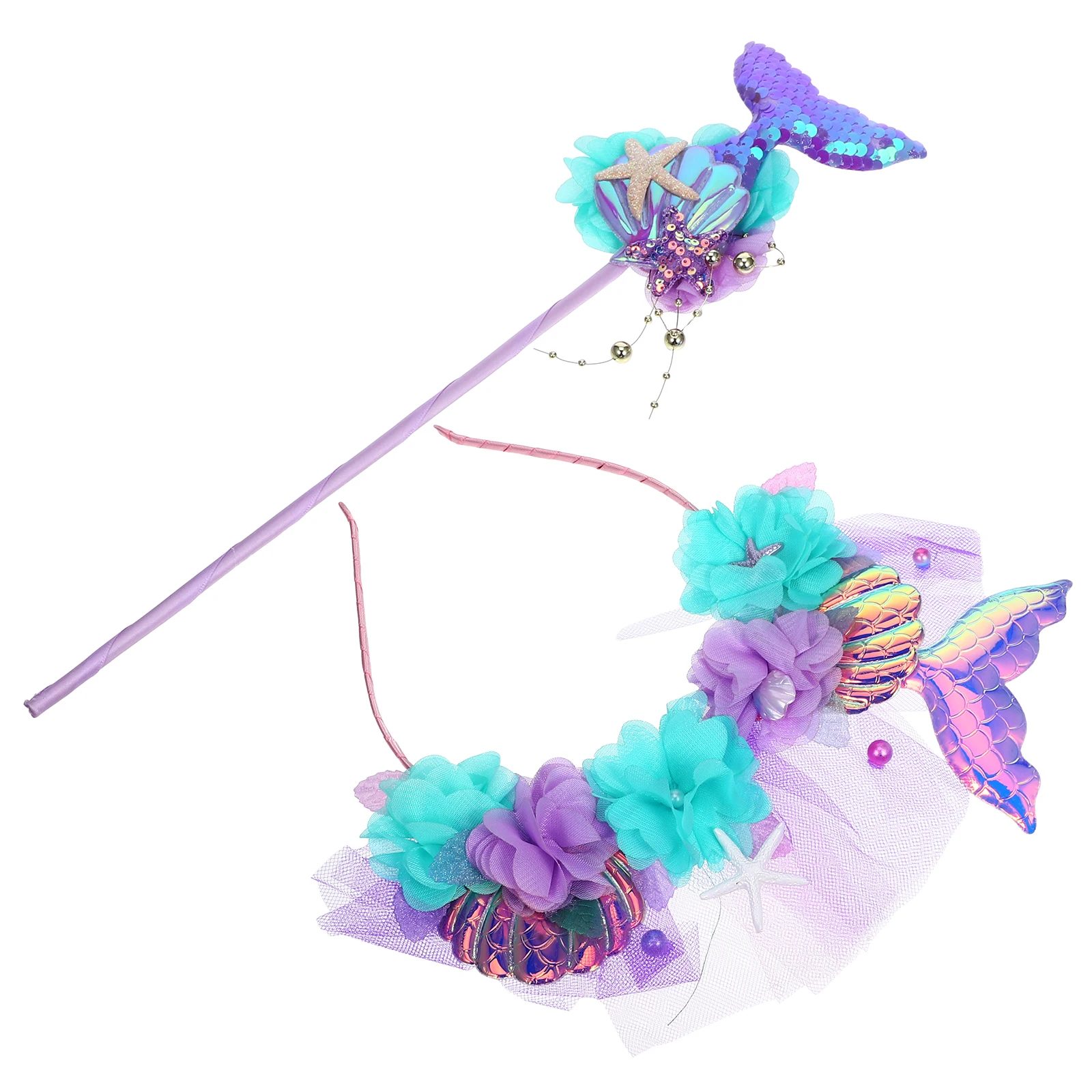 1 ชุดไม้กายสิทธิ์นางเงือกและที่คาดผม ทำด้วยมือ ทนทาน อุปกรณ์เสริมสำหรับงานปาร์ตี้ชุดนางเงือกสำหรับเด็กผู้หญิง เทศกาลคอสเพลย์ ที่คาดผมงานคาร์นิวัล