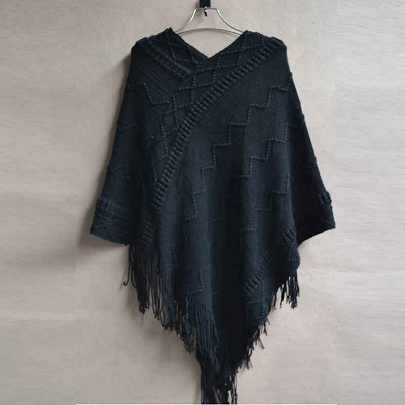 New Hollow Knitted Cloak Tassel Shawl Fashionable Striped Wave Solid Color Pullover Shawl Women Autumn Warm Sweater Coat