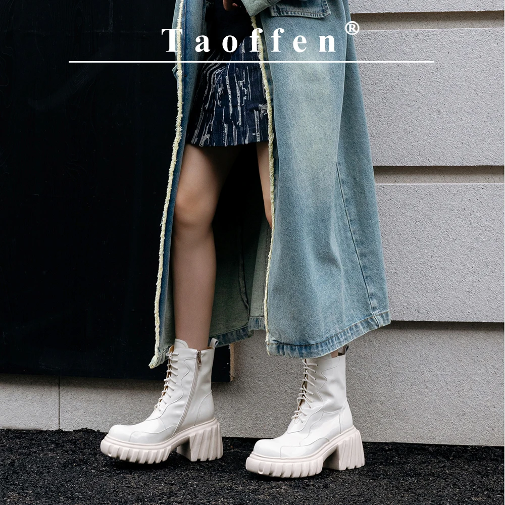 

Taoffen Women Platform Boots Real Leather Lace Up Chunky Heel Boots Female Street Style Thick Bottom Ankle Boots 2024 New Trend