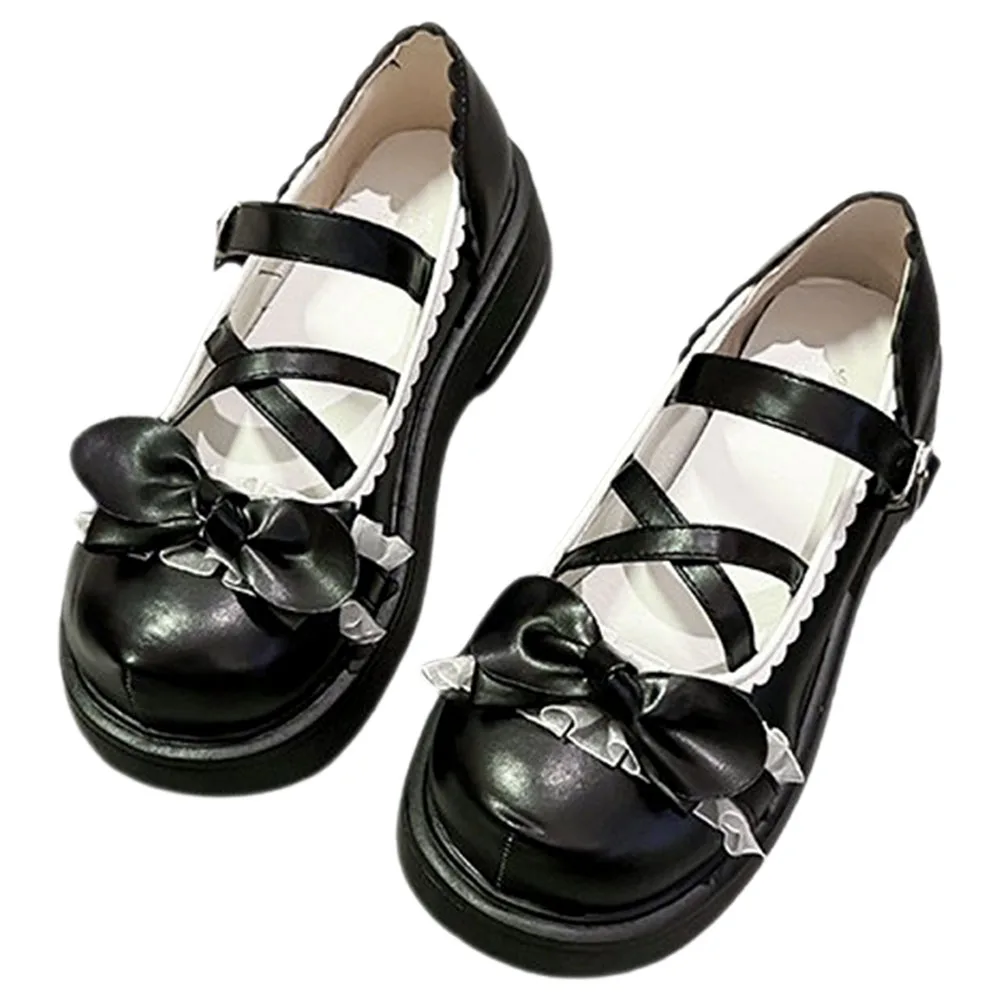 

1 Pair Black Lolita Shoes Bow Round Toe Strap Shoes For Women Vintage Style Rubber Sole Fire Resistant Design Work Party