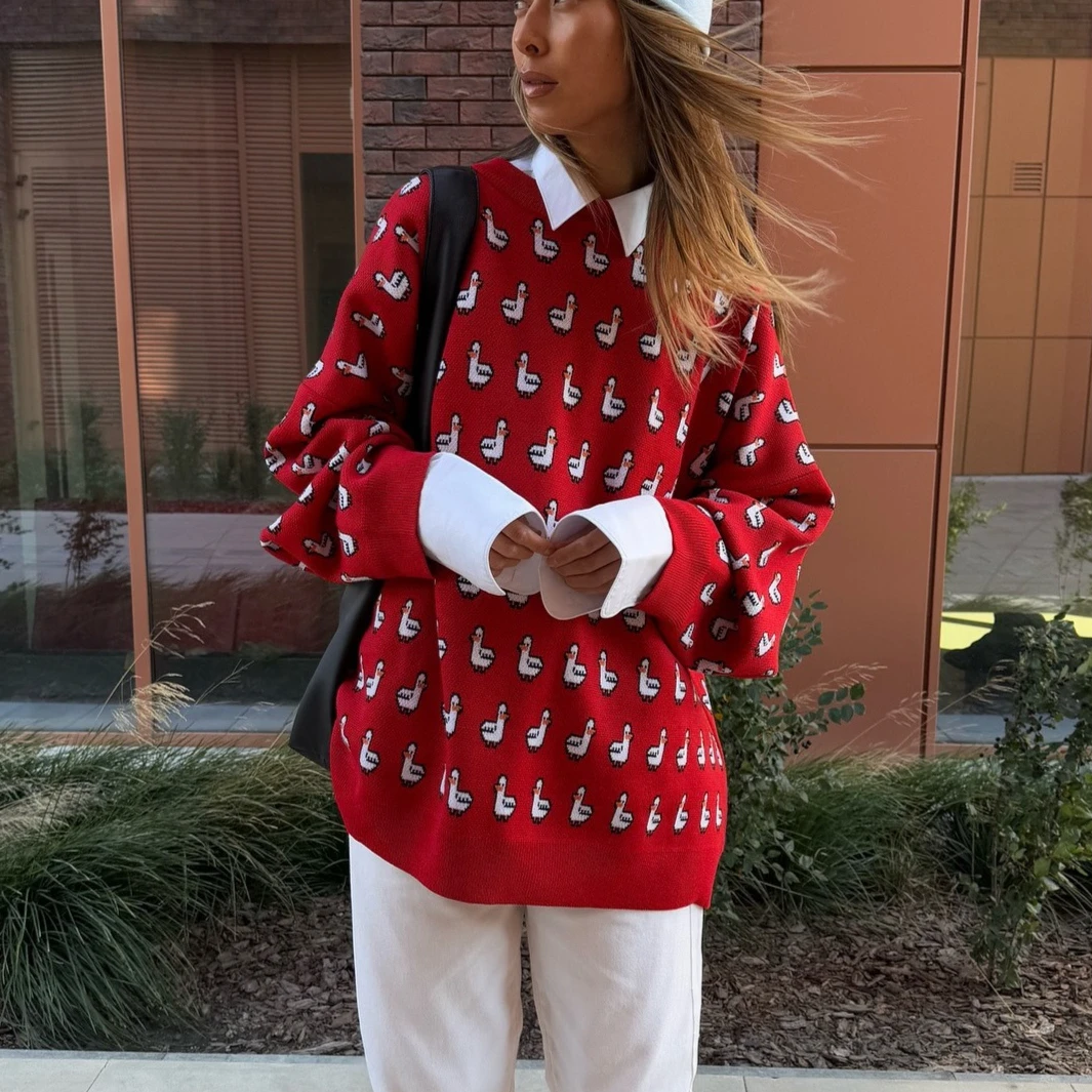 

Праздничный трикотаж с цветными блоками FW25, женский красный свитер Fair Isle, винтажная верхняя одежда большого размера