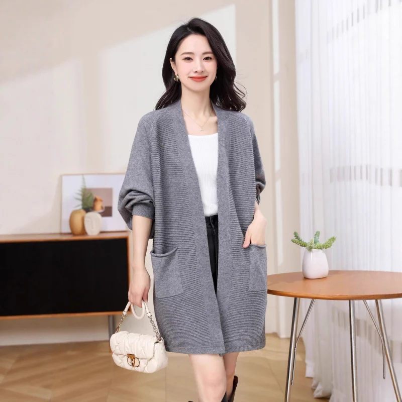 

Mid-Length Knitted Cardigan Autumn Winter New Women'S Fashionable Stylish Belly-Covering Versatile Shawl Outerwear Trendy