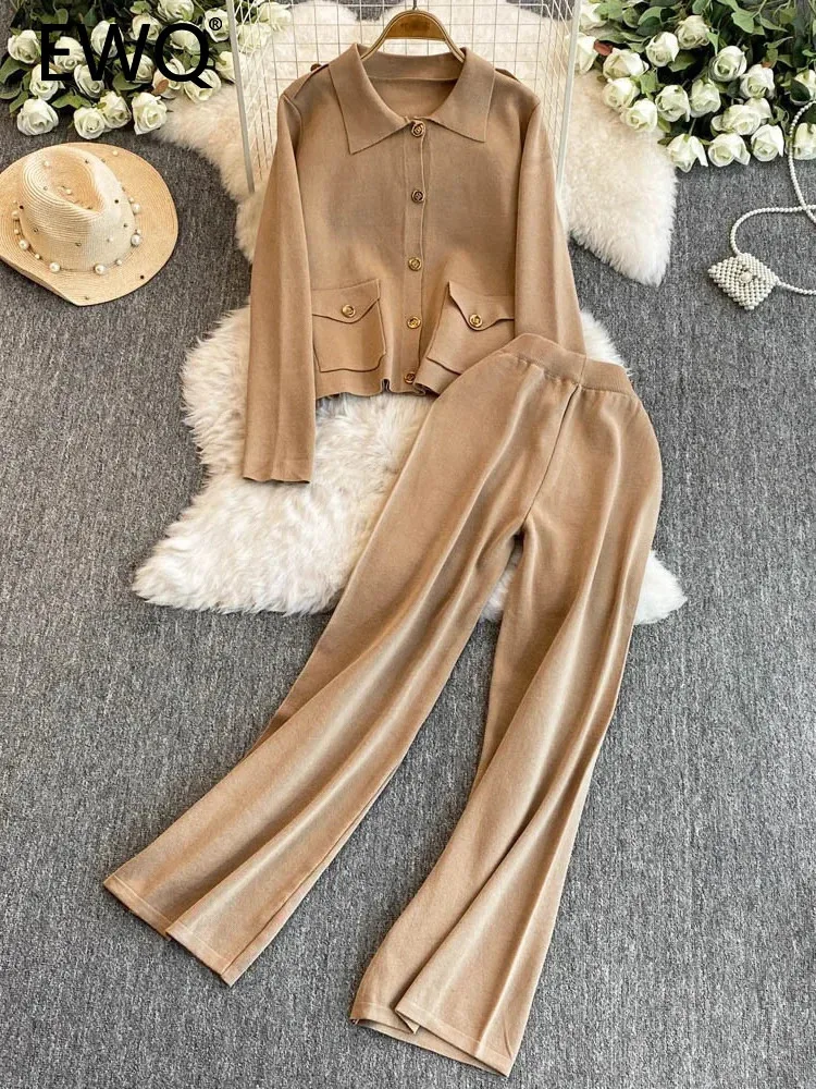 EWQ Women Loose Knitted Cardigan Sweater High Waist Slim Straight Leg Wide Leg Pants Two-piece Set Fashion Tide Autumn 2024