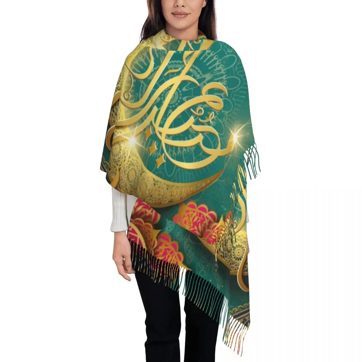 Lady Long Happy Ramadan Scarves Women Winter Thick Warm Tassel Shawl Wraps Eid Mubarak Scarf