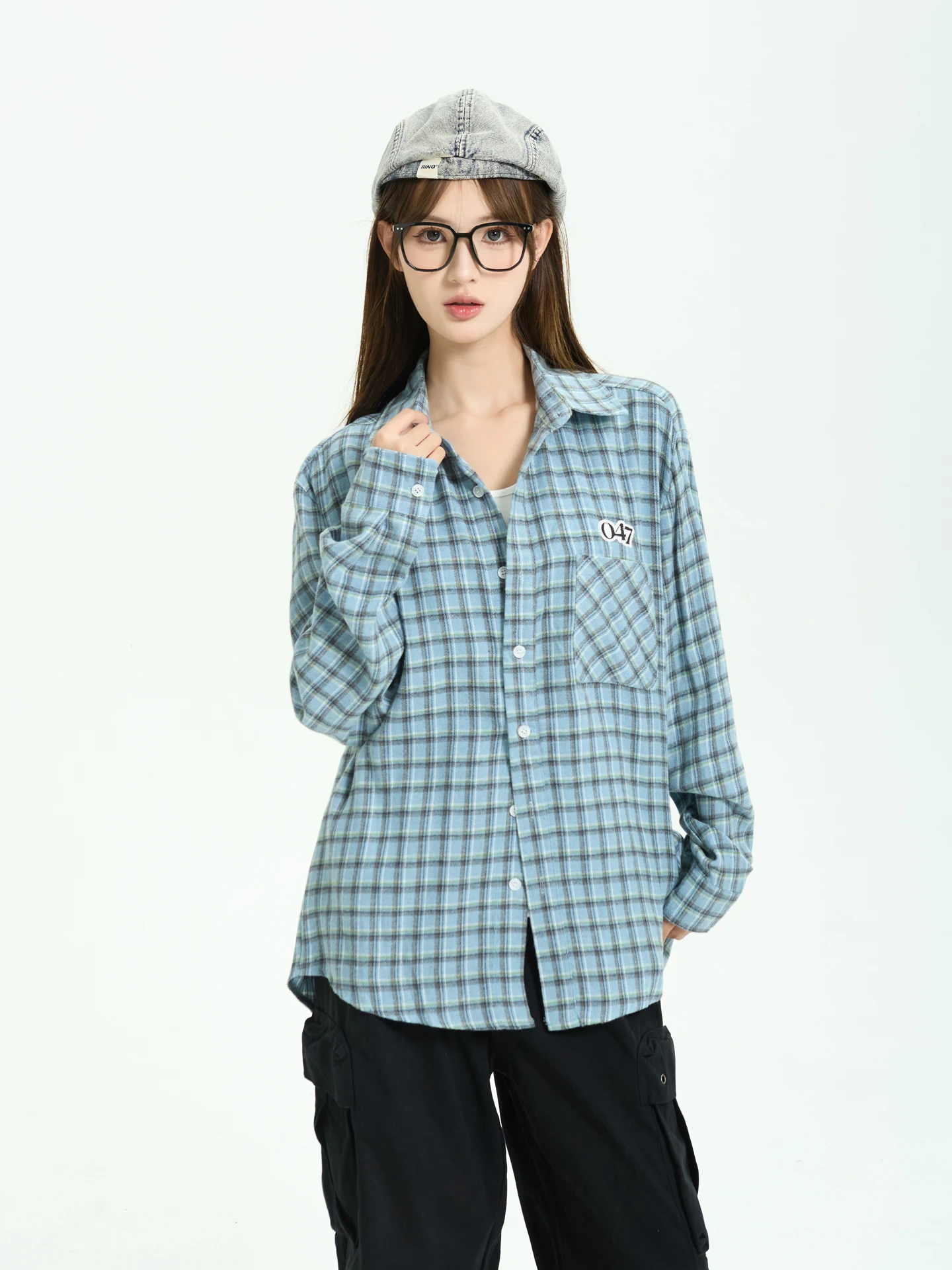 

7KEEWEN Early Autumn American Retro Loose Blue Plaid Oversize Couple Long Sve irt Women's Trendy Street Sle Loose Fit