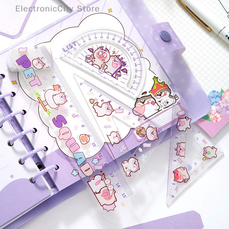 

1 комплект, милый прозрачный измерительный тригонометрический транспортир, необходимая для студентов, измерительная акриловая линейка, школьные принадлежности