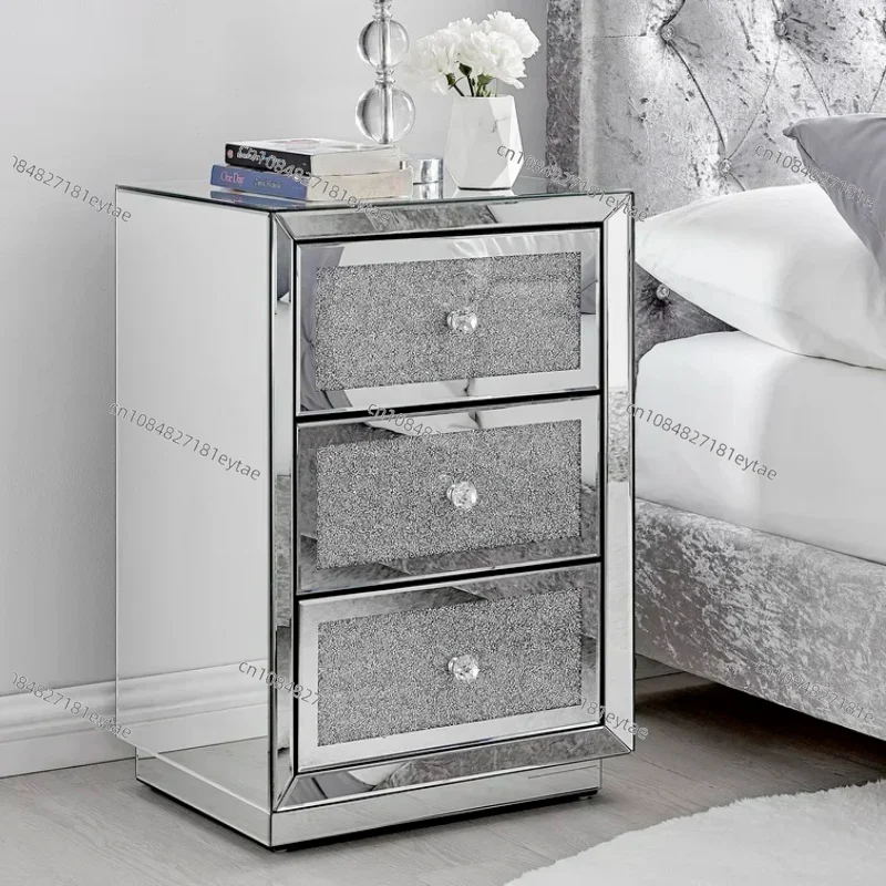 -Modern Luxury Crushed Diamond Mirrored 3 Drawer Storage Bedside Table Bed Side Nightstand For Bed Rooms