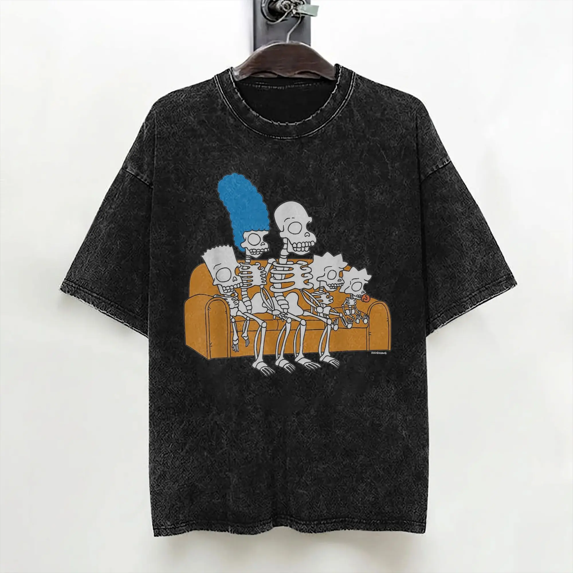 Cartoon The S-Simpsons T Shirt Washed Short Sleeve Harajuku T-Shirts Halloween Vintage for Men Women Streetwear Summer Tees