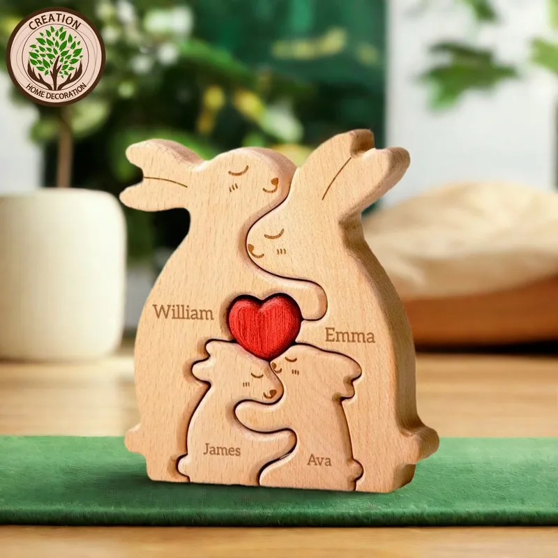 Personalized Rabbit Puzzle Wooden Art Free Customization Name Family Anniversary Festival Christmas Warm Home Decoration