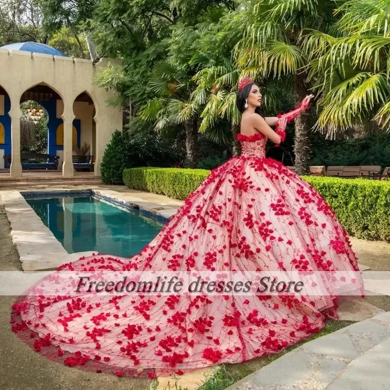 فستان حفلة الأميرة بدون أكتاف ، فساتين Quinceanera ، ملابس عيد ميلاد 16 حلوة ، زينة زهور ثلاثية الأبعاد ، Quinceanera ، 15