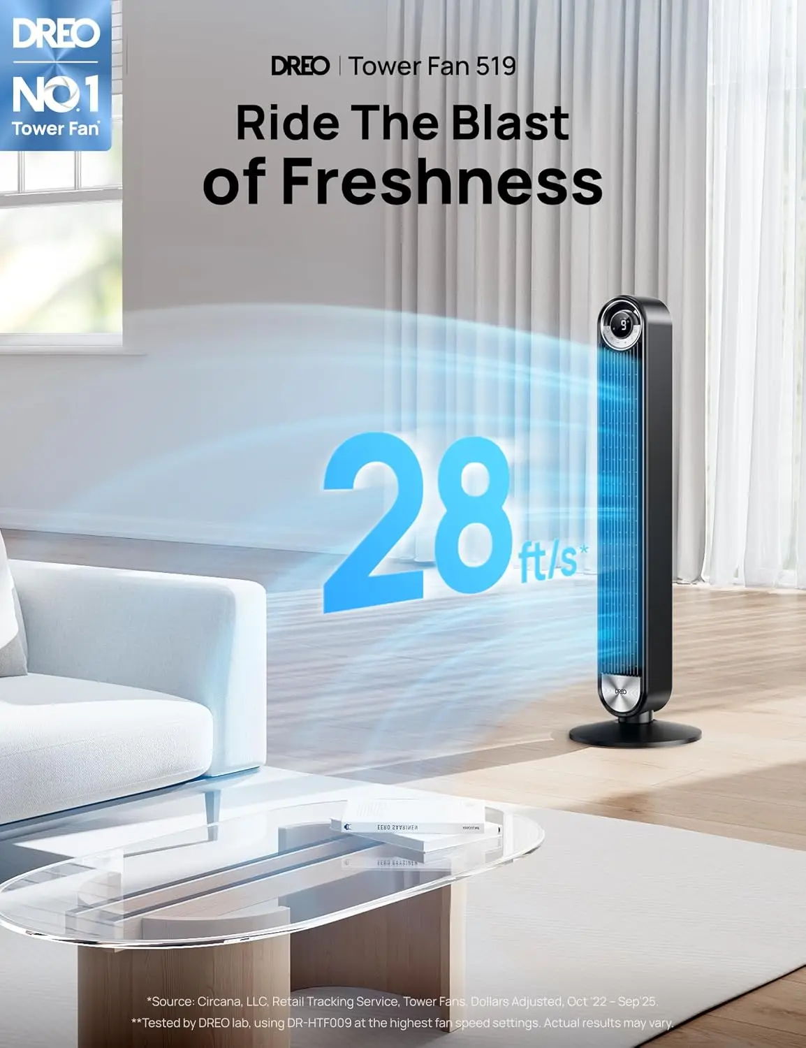 Tower Fan Bedroom Upgraded DC 28ft s Velocity 9 Speeds Quiet Standing Fan 90 Oscillating Cooling Fan 4 Modes 12H Timer Bladeless