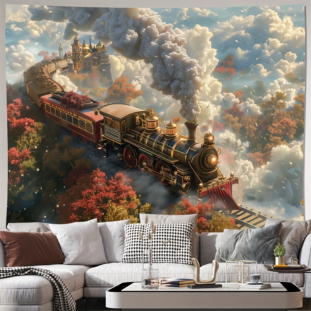 Steampunk Train Adventure Tapestry Wall Hanging Decoration Home Decor Vintage Steam Engine Fantasy Art Poster Indoor Gift