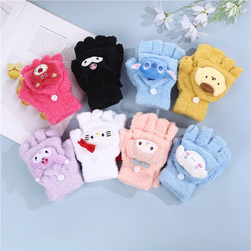 

New Sanrio Hello Kitty Winter Gloves Cute Cartoon Kuromi Warm Half Finger Gloves Open Flap Knitted Thick Women Mitt Screen Touch