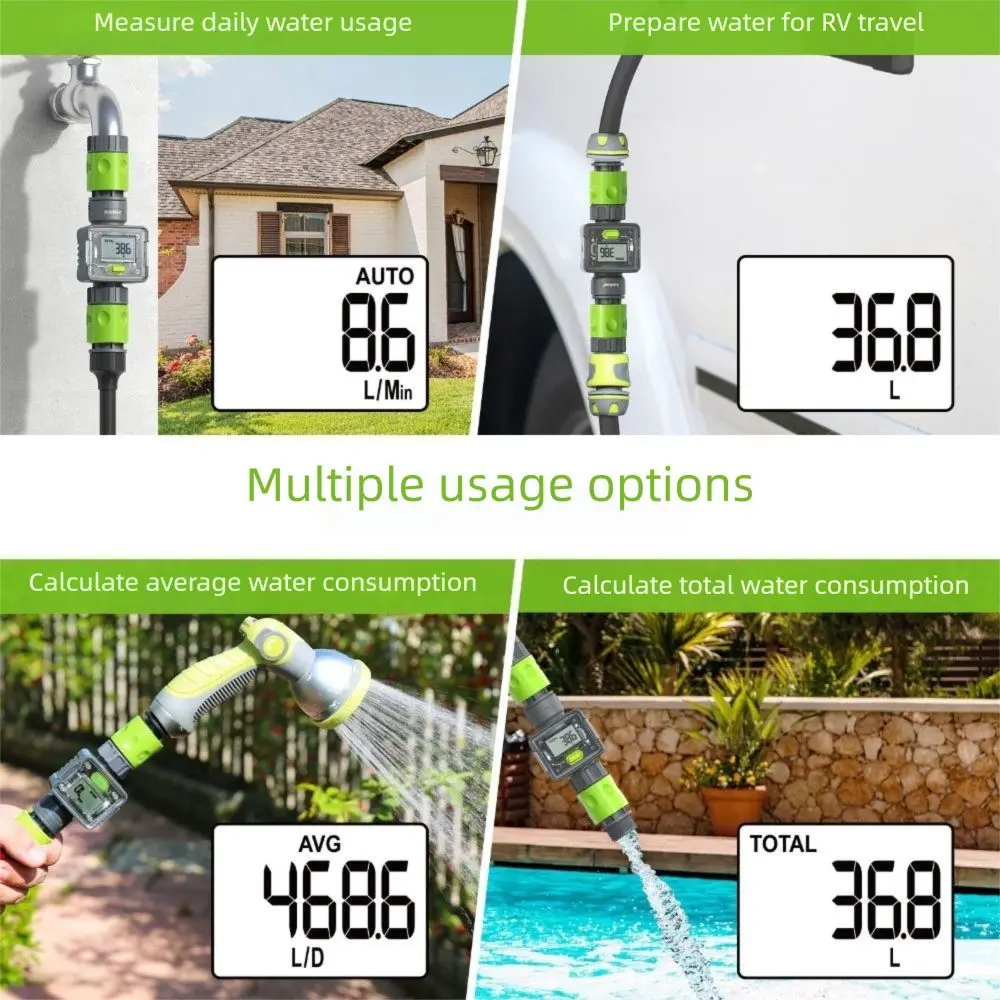 Digital Water Flow Meter IPX6 180° Screen-Flip Water Meter Easy To Install Quick Connectors Flow Rate Car Washing