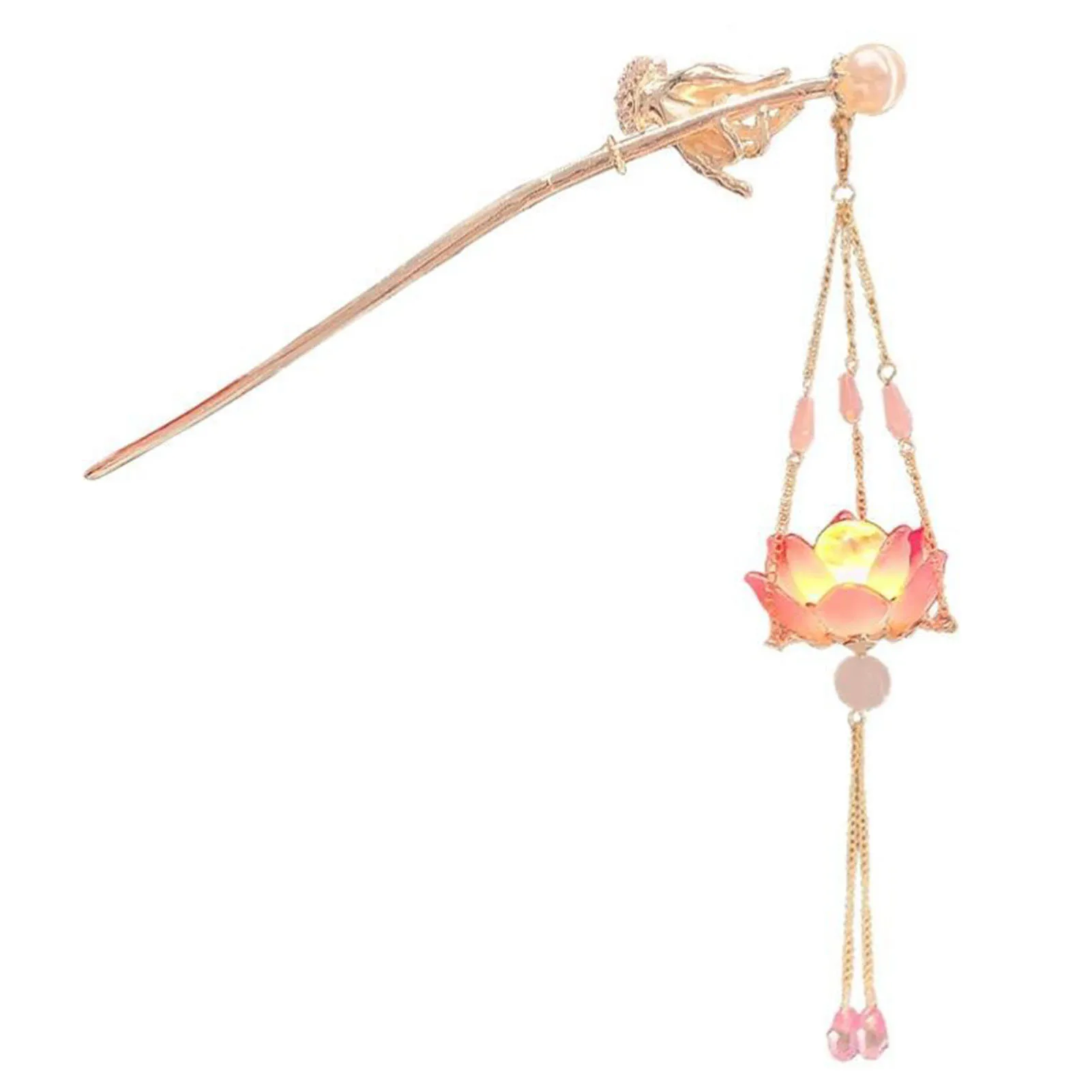 Chinese Style Hair Stick Hairpin Elegant Pearl Hairpin with Luminous Lotus Lantern for Thick Hair Styling Decoration