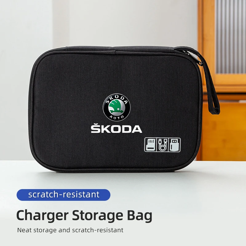 Car Styling Digital Storage Bag Portable USB Data Cable Plug Case For Skoda Octavia Rapid Kodiaq Superb Derivative Karoq Fabia K