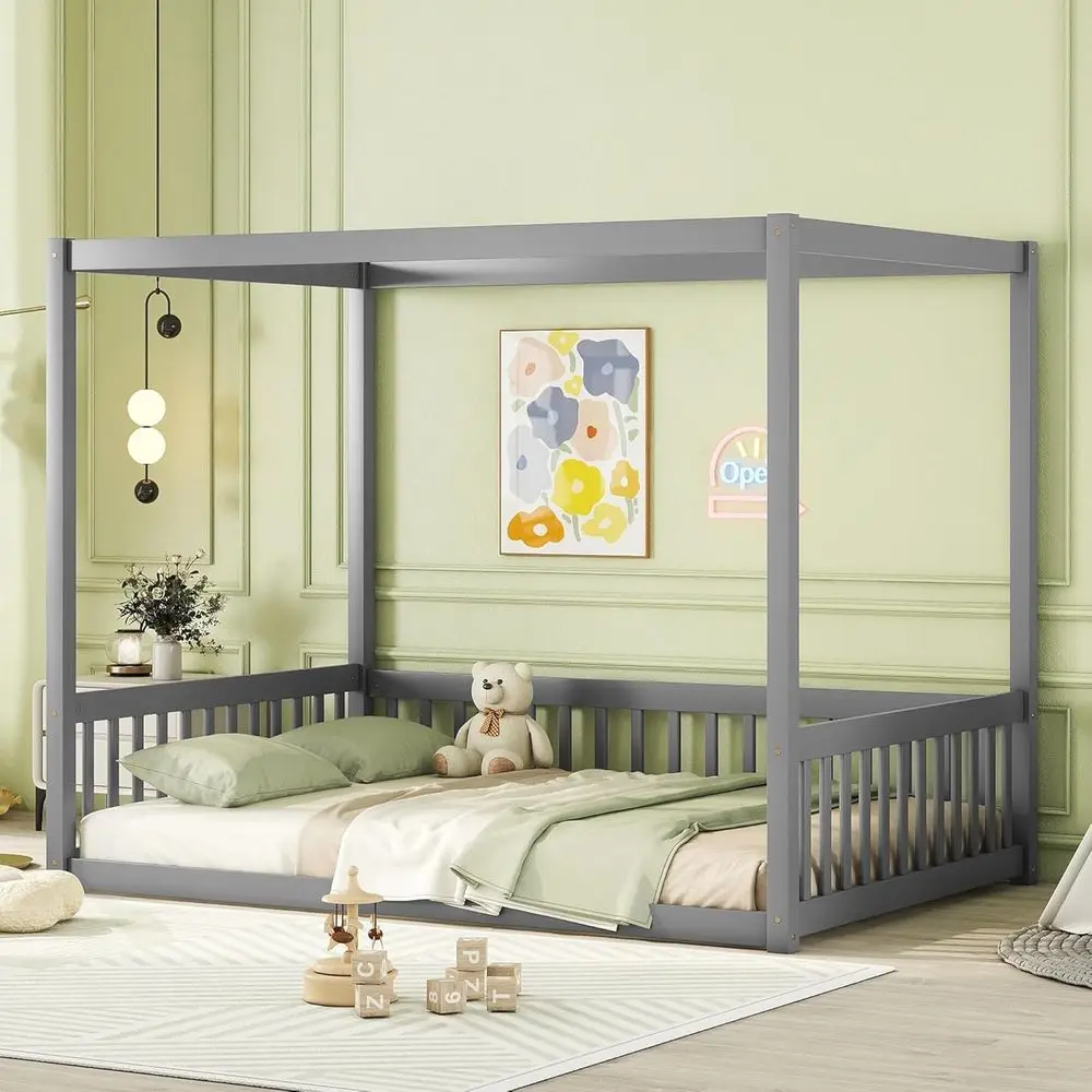 

Детская кровать-чердак с ограждениями или напольная кровать с дизайнерским постером, детская напольная кровать Монтессори, деревянная кровать для девочек и мальчиков (размеры: полноразмерная, полуторная, полуторная с ограждениями, детская напольная кроват