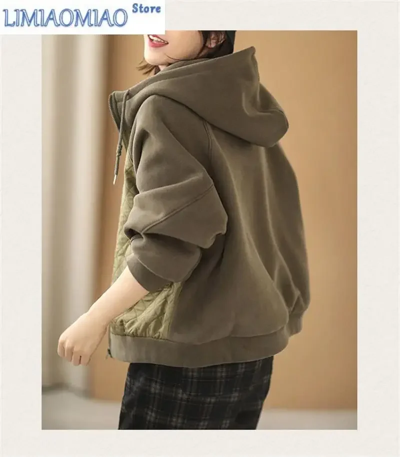 Spring Autumn Women Hooded Sweatershirt Short Cardigan Female Literature Art Casual Loose Diamond Plaid Panel Jacket Top