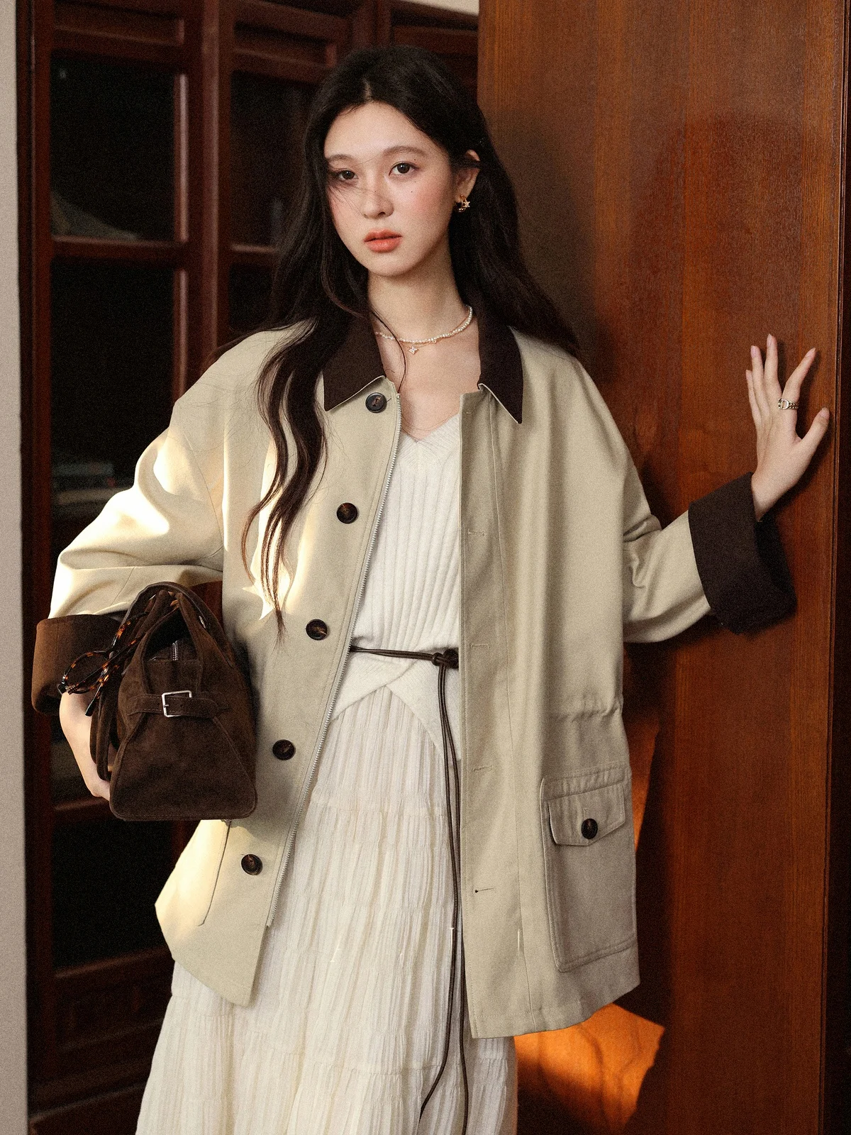 

i Color Blo Casual Sle Commuter Coat Women's New Autumn Faion Windbreaker Loose Fit Long Sve Mid-Length Coat