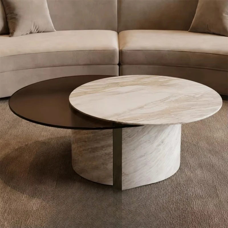 Modern luxury round marble coffee table combination metal strip decorative marble base coffee table