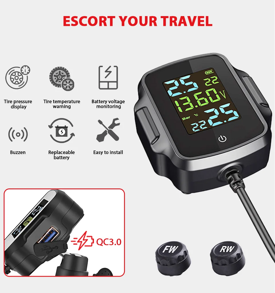Colorful Display Large LCD screen Motorcycle TPMS Wireless Tire Pressure Monitoring System 2 Sensors Precise  Real-time Data