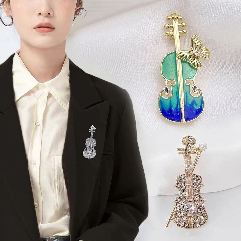 Creative Violin Shaped Brooches Faux Pearl Rhinestone Metal Butterfly Pins Overcoat Decor Jewelry Accessories Birthday Gifts