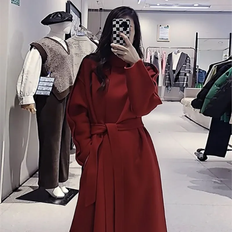 Red double-sided cashmere coat women's new belted mid-length woolen