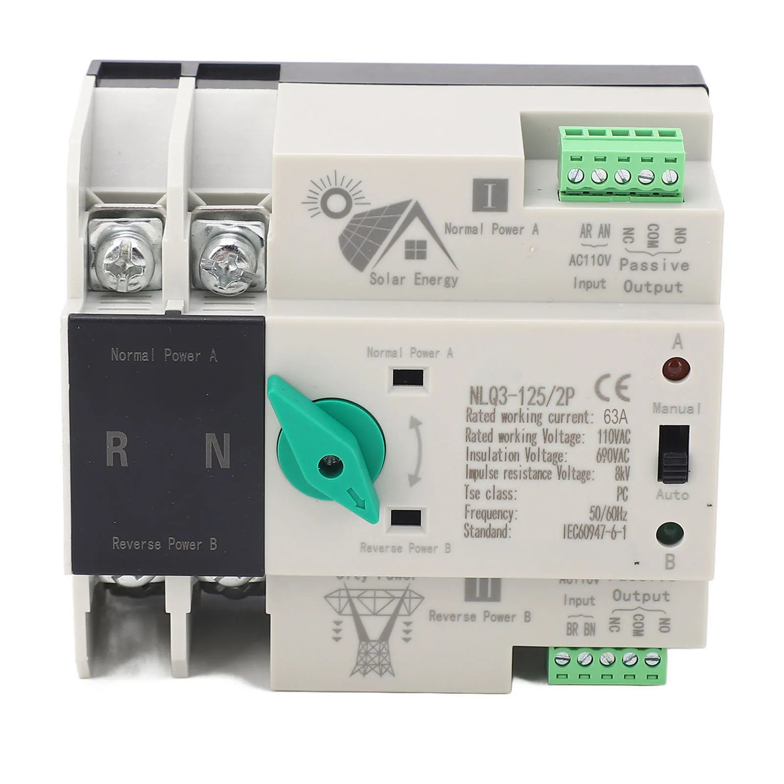 Dual Power Automatic Transfer Switch PV Inverter Type Millisecond Switching 2P 110V 63A Circuit Changeover Switch