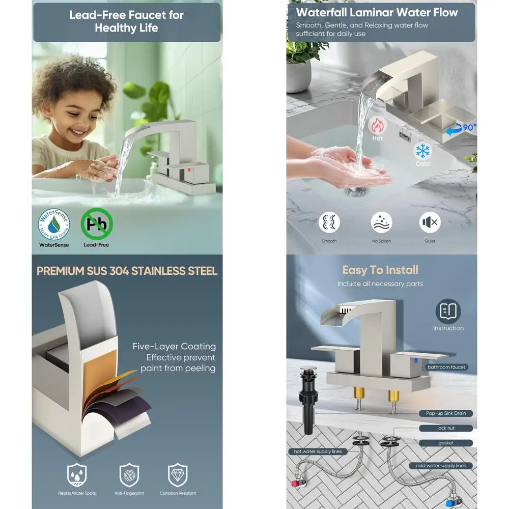 

3-Hole Brushed Nickel Centerset Bathroom Sink Faucet with Pop-Up Drain, 2 Handles, 4 Spacing, Stainless Steel for Vanity Sinks a