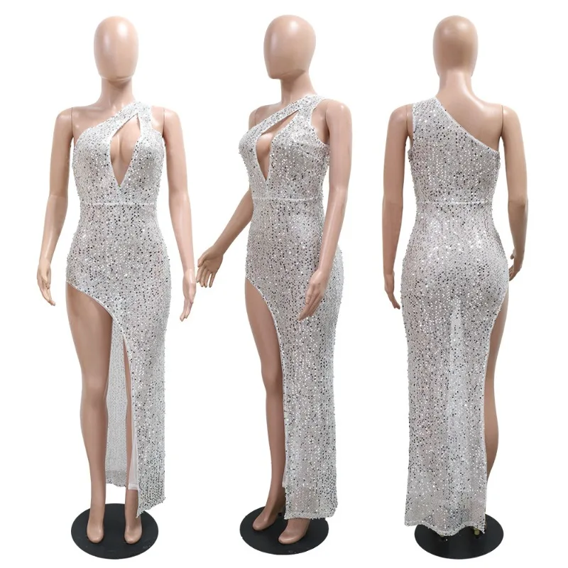 KEXU Sequined Sleeveless Cutout Front One Shoulder High Split Midi Long Maxi Dress Women 2025 Birthday Party Dresses Vestidos