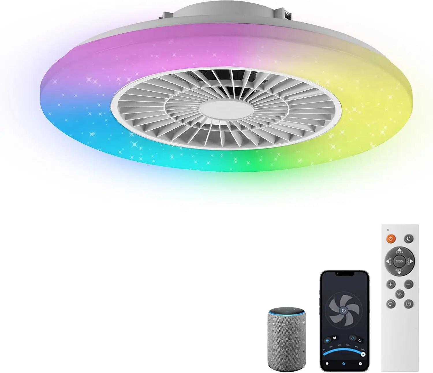 

24-дюймовый низкопрофильный потолочный вентилятор с RGB-подсветкой и пультом ДУ, плавная регулировка яркости для гостиной, спальни