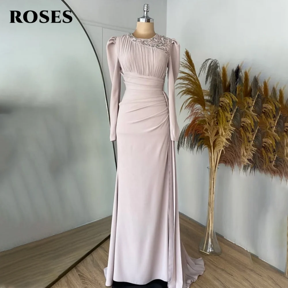 

ROSES Full Sleeves Elegant Prom Gown O-Neck Pleated Party Dress with Beadwork Satin Arabic Trailing Evening Dresses Customized