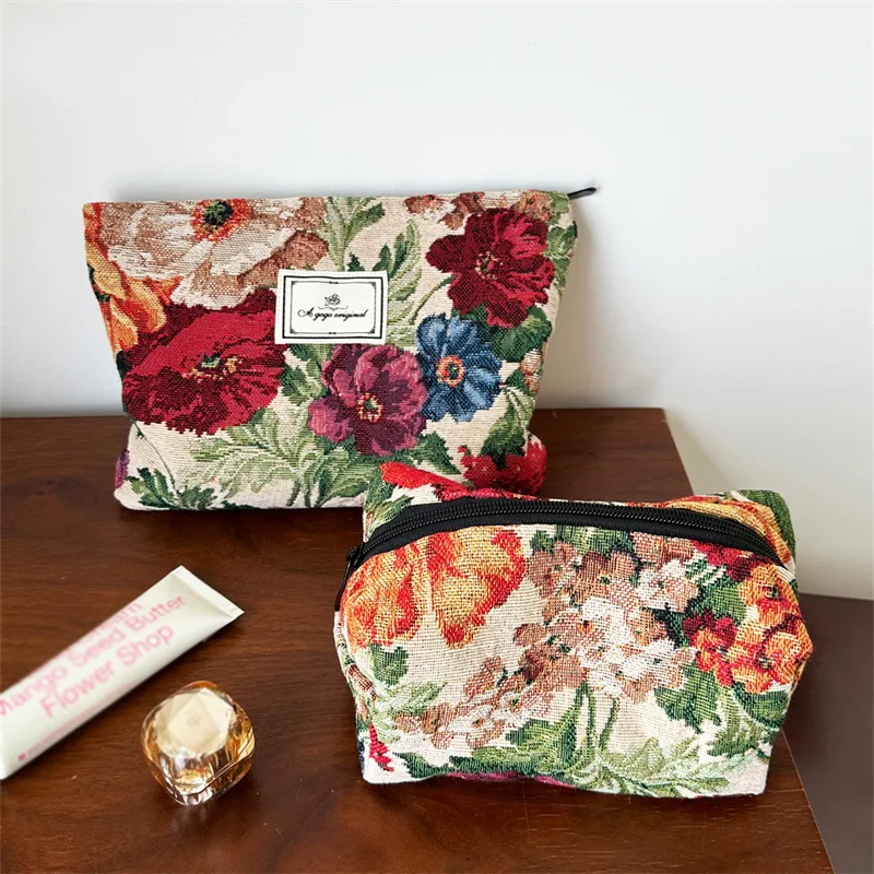Vintage Flower Print Female Storage Bag Oil Painting Style Women's Makeup Bag Large Capacity Portable Ladies Clutch Cosmetic Bag