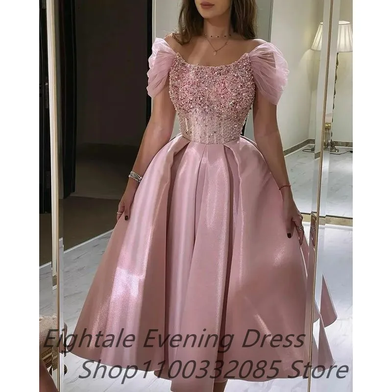 Eightale Princess Tea Length Pink Evening Dresses With Cape Off Shoulder Beaded Prom Dresses Dubai Formal Party Gown Customized