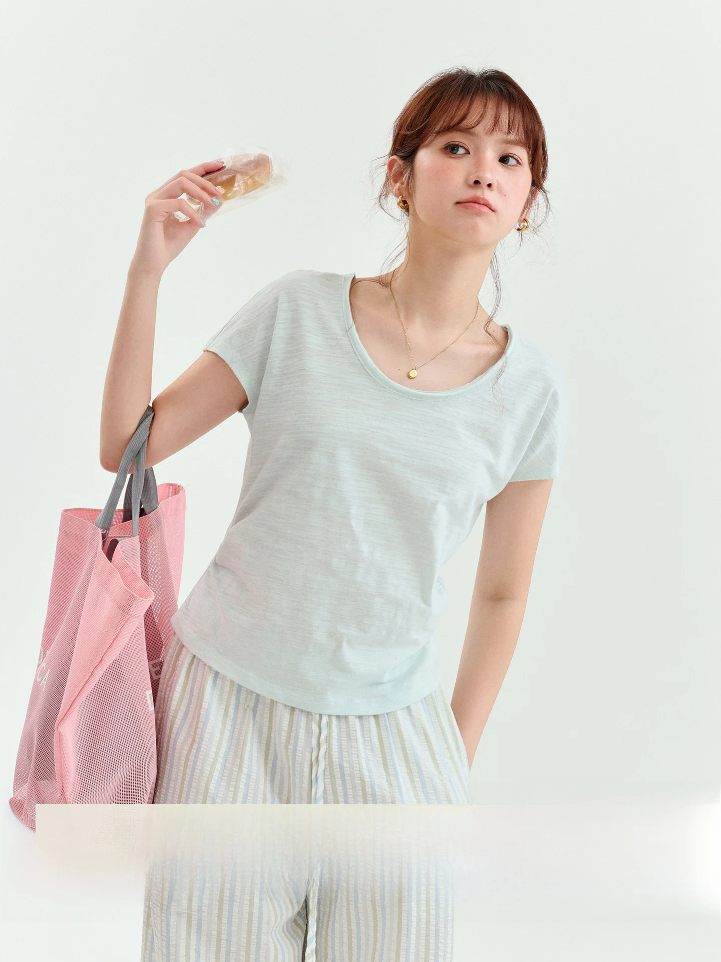AMUU Original Pure Color Waist-Cinching Hem T-Shirt Women's Summer New Style Short Sleeve round Neck Top Korean Style Commute