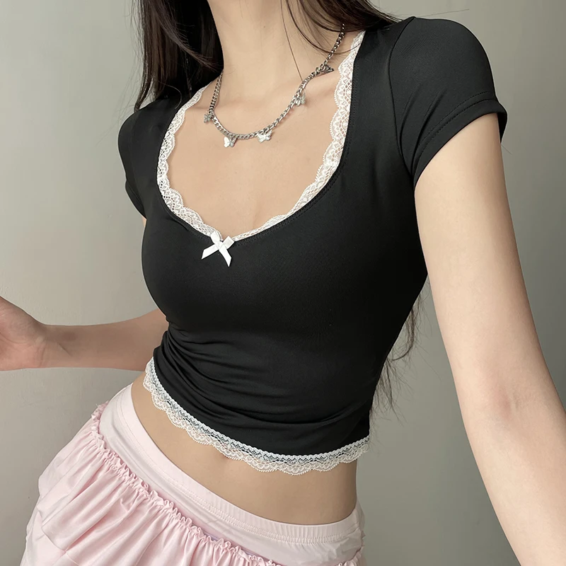 CIBBAR Contrast Lace Square Collar Cropped Top Women Casual Stitched Bow Short Sleeve T-shirts y2k Aesthetic Tee Summer Harajuku