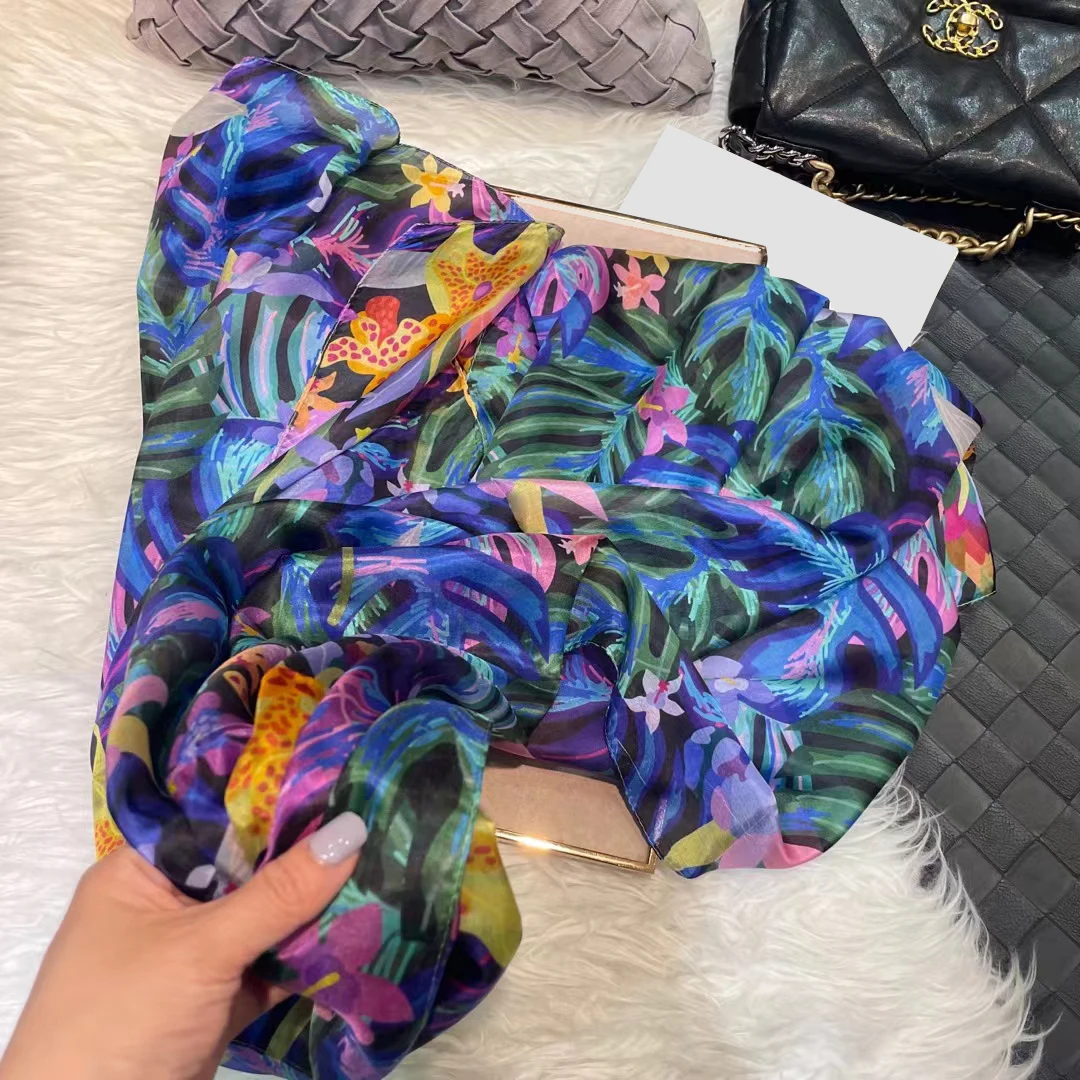 Brand Blue Ladies Long Silk Scarf Shawl 2022 Summer Fashion Beach Shawl Cover Ups Women Pure Silk Scarves Wraps Yellow Orange