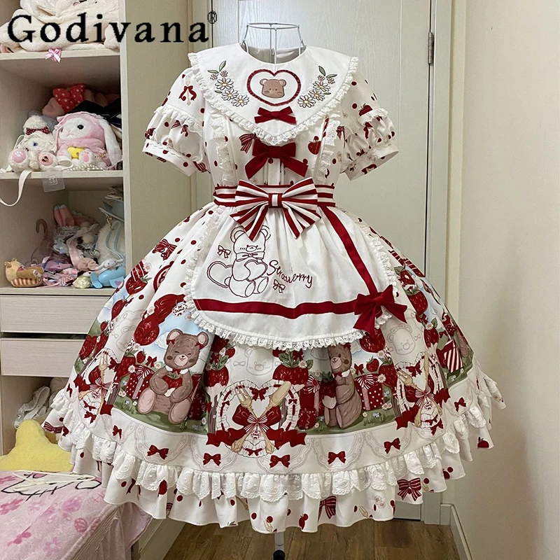 

Original Design Lolita Cartoon Bear Printed Op/jsk Dressing Sweet Cute Girl Women's Embroidered Apron Slim Short Dresses Shirt