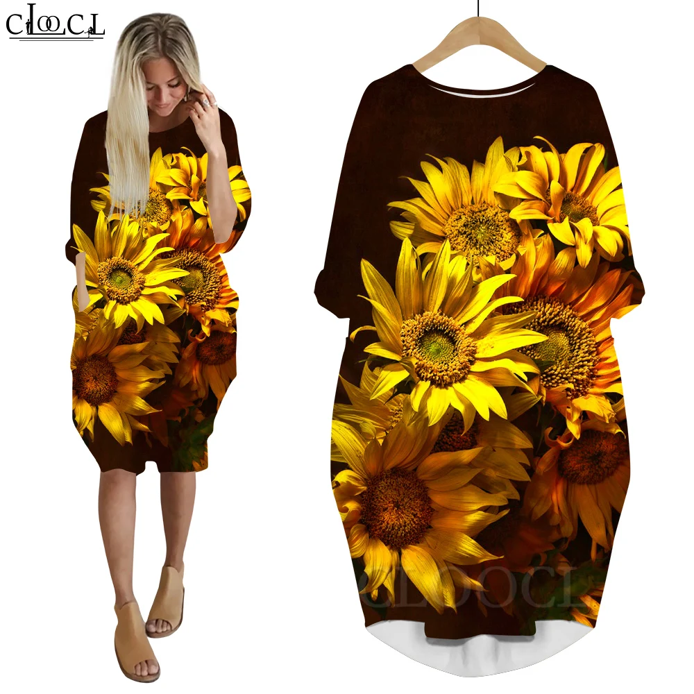 

CLOOCL Dresses Long Sleeve Harajuku Streetwear Loose Casual Dresses Golden Yellow Floral 3D Printing Beautiful Sunflower Dresses