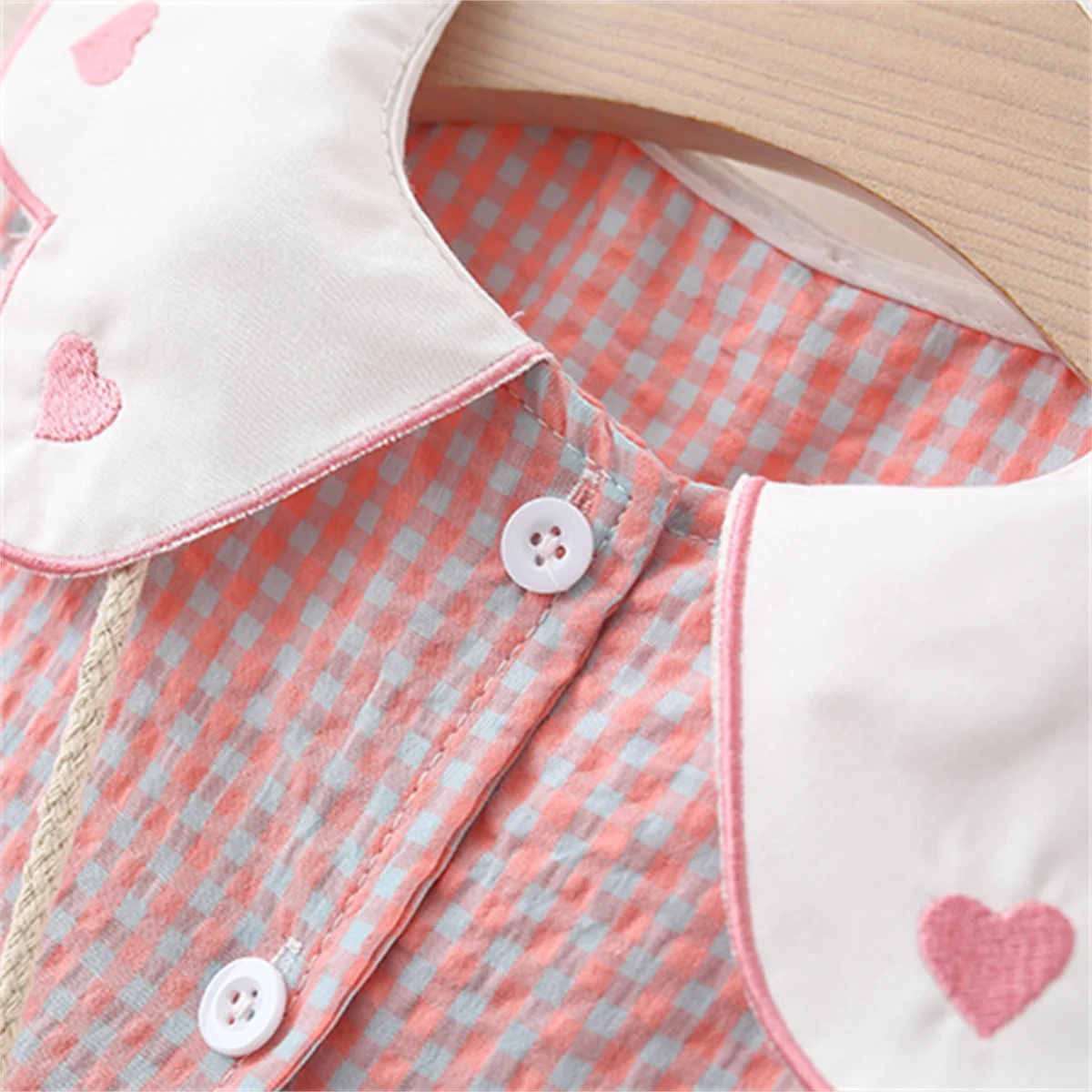 2 Pcs Summer New Dress Girl\'s Sleeveless Lace Heart Collar Sweet and Beautiful Plaid Button Cotton Cloth Dress