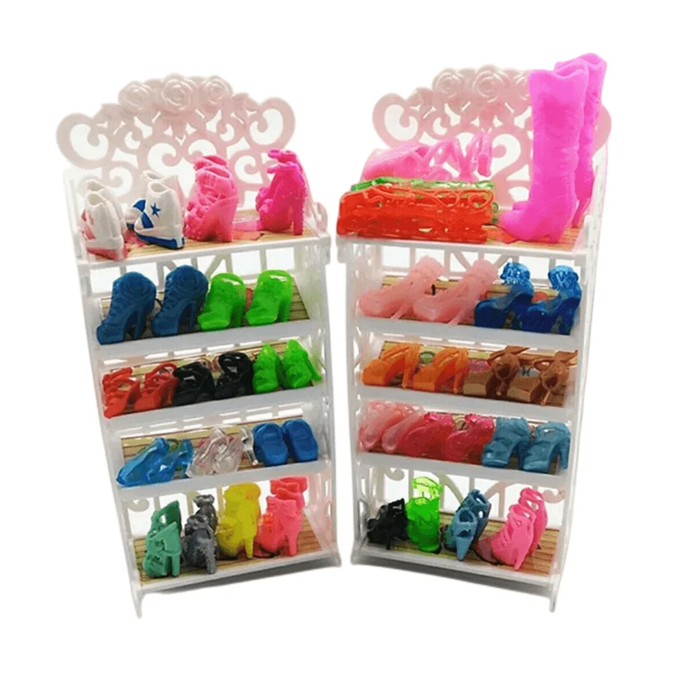 Plastic 5 Layers White Doll Shoes Rack / Random 12 Pairs Shoes Dollhouse Furniture Accessories for Barbie Doll Kids Toy