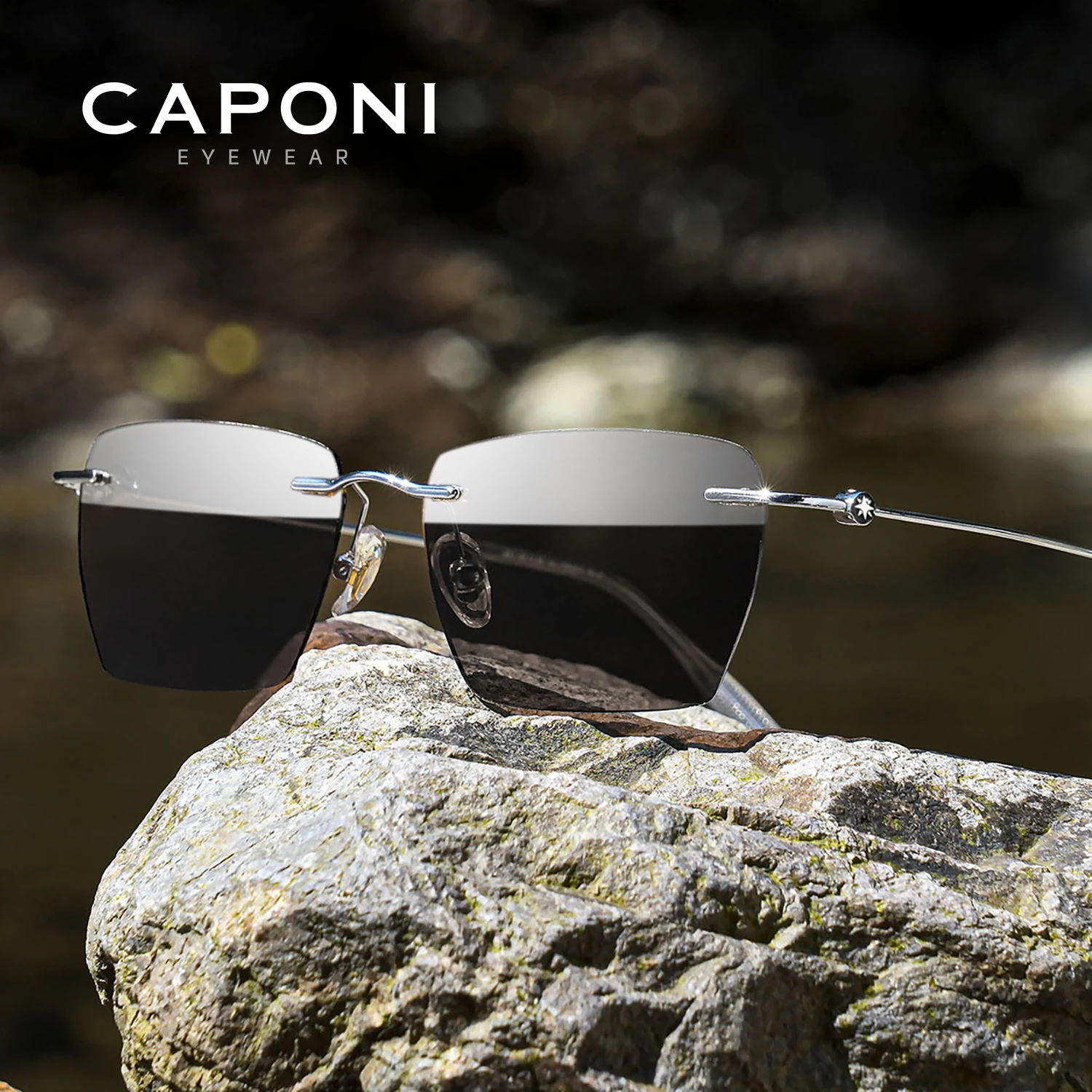 CAPONI Polarized Men Sunglasses Original Design Ultralight Rimless Photochromic Light Black SunGlasses Driver UV400 Shade BS0621