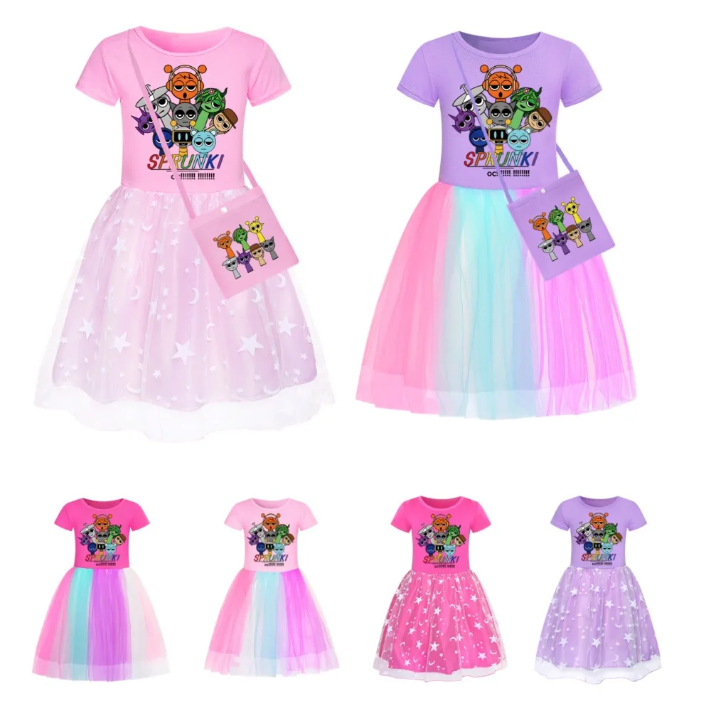 Kawaii Spronki Girls' Star Skirt Rainbow Lace Skirt Set Cute Spronki Cartoon Printed Short Sleeve Birthday Gift Cosplay Costumes