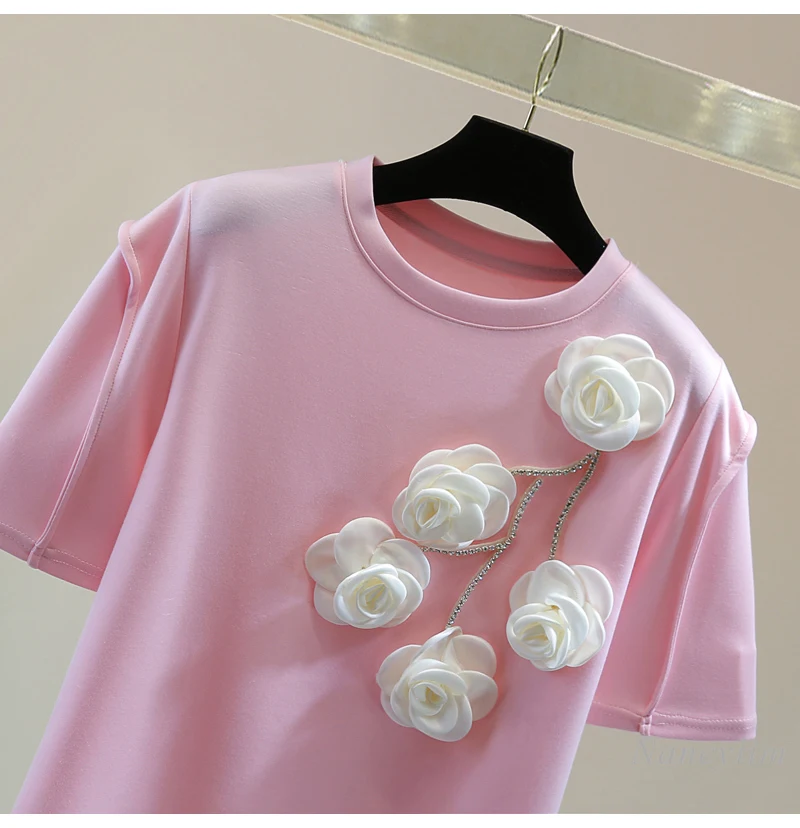 Flower Diamond Crew Neck T-Shirt for Women Girls 2025 Spring and Summer Loose and Slimming Solid Color Casual Short Sleeve Top